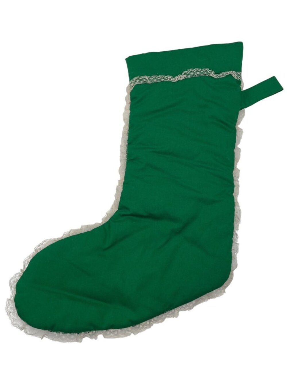 Handmade Vintage Christmas Stocking Green Patchwork Lace Trimmed - Picture 2 of 8